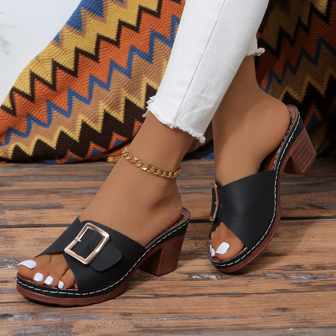 Evelyn Buckle Block Heels