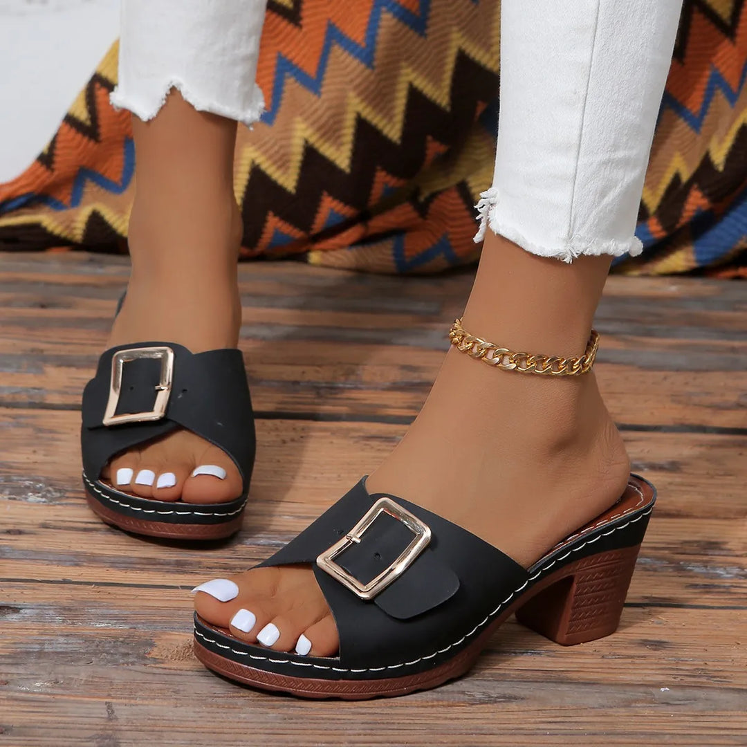 Evelyn Buckle Block Heels